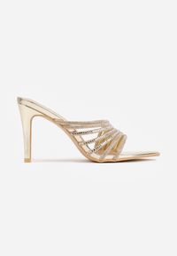 Born2be - Złote Eleganckie Klapki na Szpilce z Paseczkami z Cyrkoniami Naothera. Okazja: na randkę, na wesele, na ślub cywilny. Kolor: złoty. Obcas: na szpilce. Styl: elegancki #8