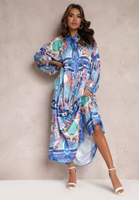 Renee - Niebieska Sukienka Maxi Oversize w Kolorowy Ornamentalny Wzór Stama. Kolor: niebieski. Długość rękawa: długi rękaw. Wzór: kolorowy. Typ sukienki: oversize. Długość: maxi #1