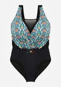 Born2be - Czarno-Zielony Kopertowy Strój Kąpielowy Jednoczęściowy z Siateczką i Paskiem Raera. Kolor: czarny. Materiał: len #5