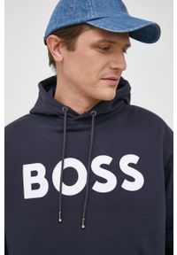 BOSS bluza bawełniana męska kolor niebieski z kapturem z nadrukiem. Typ kołnierza: kaptur. Kolor: niebieski. Materiał: bawełna. Wzór: nadruk #5