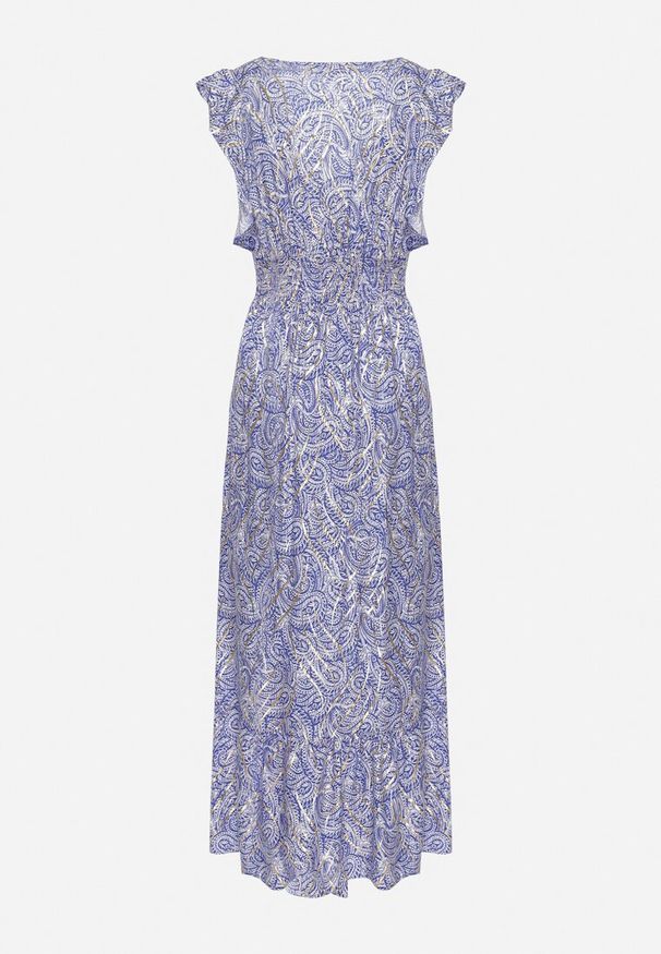 Born2be - Niebieska Bawełniana Sukienka z Metalicznym Nadrukiem z Gumkami w Pasie z Kopertowym Dekoltem Folia. Okazja: na spacer, na co dzień. Typ kołnierza: dekolt kopertowy, kołnierz z falbankami. Kolor: niebieski. Materiał: bawełna. Wzór: nadruk. Typ sukienki: kopertowe. Styl: casual, klasyczny