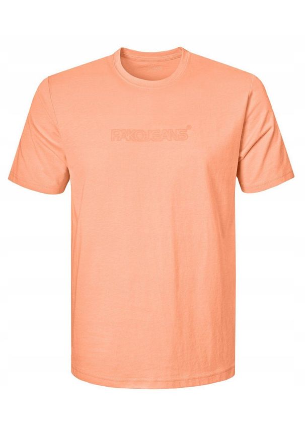 Bawełniana, Męska Koszulka (T-Shirt) - Pako Jeans - Brzoskwiniowa. Okazja: na co dzień. Kolor: pomarańczowy. Materiał: poliester, bawełna. Wzór: nadruk. Styl: casual