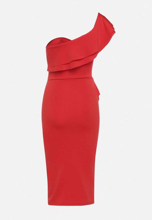 Born2be - Czerwona Koktajlowa Sukienka Bodycon na Jedno Ramię Ozdobiona Falbanką Uvalia. Kolor: czerwony. Materiał: dzianina. Wzór: aplikacja. Typ sukienki: bodycon. Styl: wizytowy