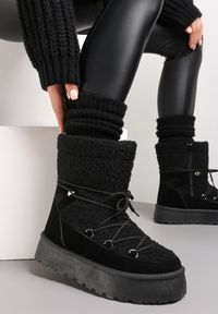 Born2be - Czarne Śniegowce na Platformie z Futerkiem i Sznurowaniem Fumnanya. Kolor: czarny. Materiał: futro. Obcas: na platformie #2