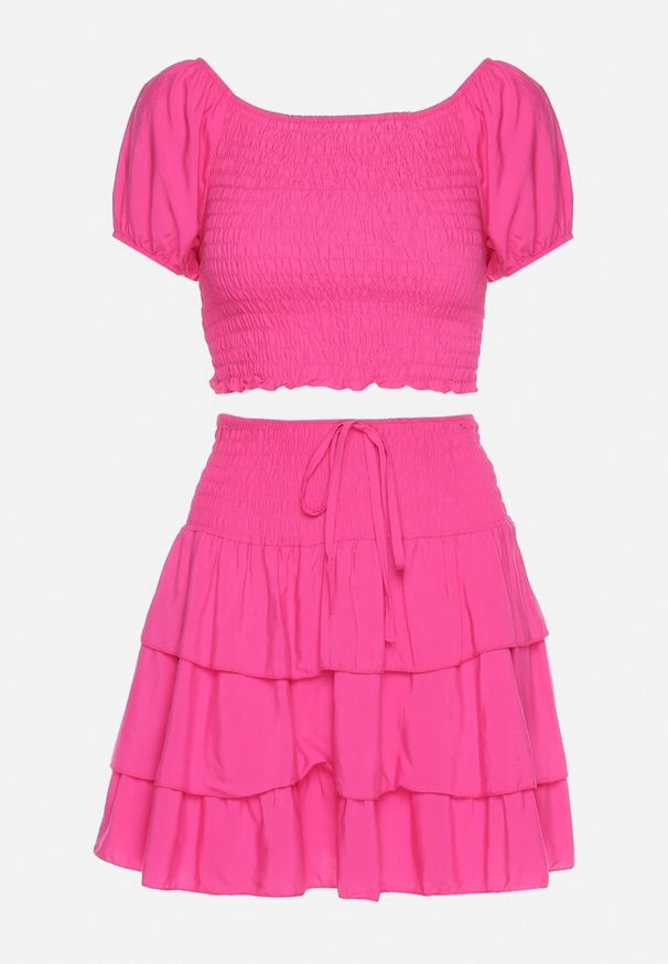 Born2be - Fuksjowy Komplet Bawełniany Bluzka Hiszpanka i Spódnica z Falbankami Vexa. Kolor: różowy. Materiał: bawełna. Wzór: aplikacja