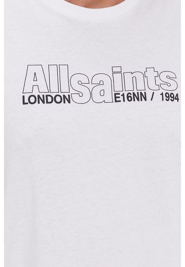 AllSaints T-shirt męski kolor biały z nadrukiem. Okazja: na co dzień. Kolor: biały. Wzór: nadruk. Styl: casual