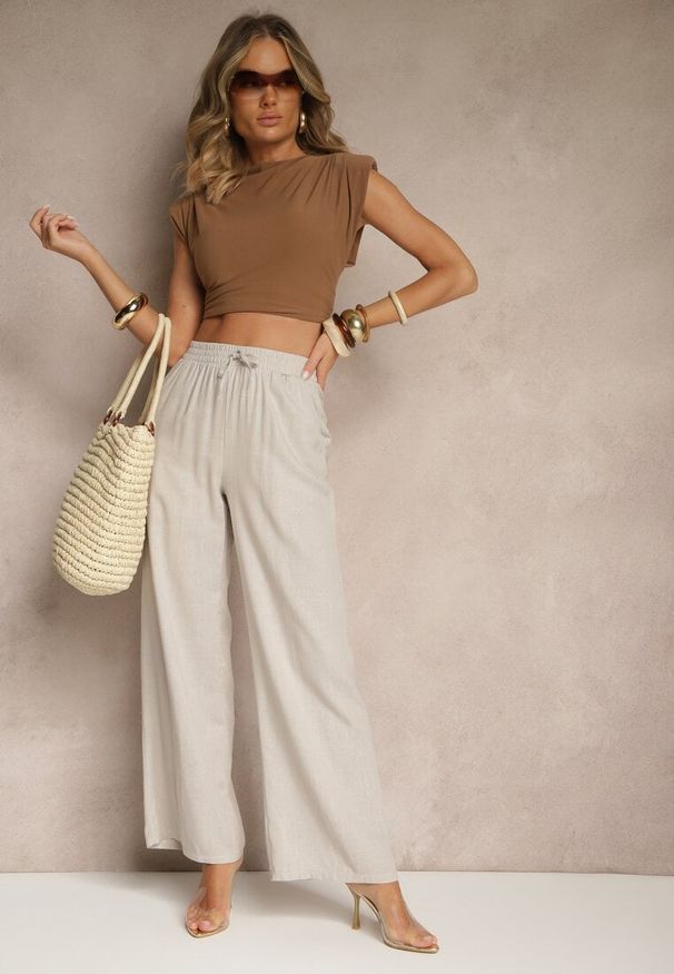 Renee - Jasnoszare Spodnie z Lnem o Szerokim Kroju z Gumką w Talii Filarive. Okazja: na co dzień. Kolor: szary. Materiał: len. Sezon: wiosna, lato. Styl: casual, elegancki