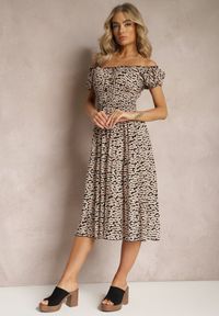 Renee - Czarno-Beżowa Rozkloszowana Sukienka z Wiskozy Midi z Guzikami Firla. Kolor: czarny. Materiał: wiskoza. Styl: elegancki. Długość: midi #5
