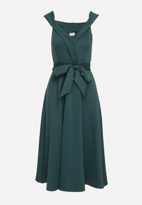 Born2be - Zielona Elegancka Sukienka o Fasonie Hiszpanki z Materiałowym Paskiem Xaelia. Typ kołnierza: dekolt hiszpanka. Kolor: zielony. Materiał: materiał. Styl: elegancki