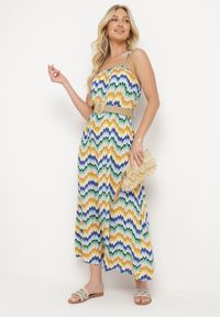 Born2be - Niebiesko-Żółta Sukienka z Wiskozy z Cienkimi Ramiączkami i Paskiem w Talii Vikiri. Okazja: na randkę, na co dzień. Typ kołnierza: dekolt kwadratowy. Kolor: niebieski. Materiał: wiskoza. Długość rękawa: na ramiączkach. Styl: casual #4