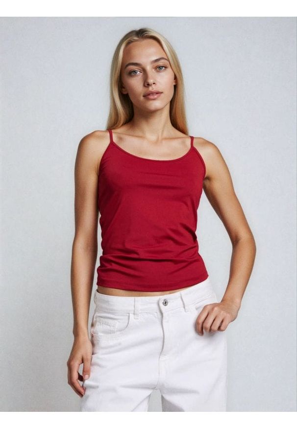 Sinsay - Gładki top na cienkich ramiączkach - bordowy. Kolor: czerwony. Długość rękawa: na ramiączkach. Wzór: gładki