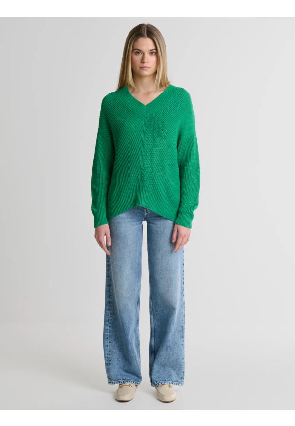 Big-Star - Sweter damski z wiskozy z dekoltem v-neck zielony Cyntiana 301. Kolor: zielony. Materiał: wiskoza. Wzór: kolorowy, ze splotem. Styl: elegancki