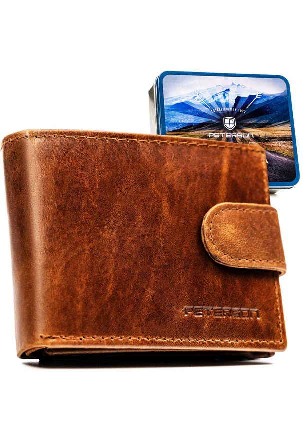 Skórzany, jasnobrązowy portfel męski zamykany na zatrzask - Peterson. Kolor: brązowy. Materiał: skóra