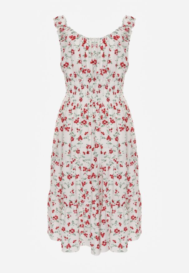 Renee - Biało-Czerwona Rozkloszowana Sukienka na Ramiączkach w Kwiatowy Print Xallio. Okazja: na spacer, na plażę. Typ kołnierza: dekolt kwadratowy. Kolor: biały. Materiał: jeans. Długość rękawa: na ramiączkach. Wzór: nadruk, kwiaty. Sezon: lato