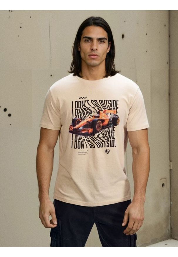 Sinsay - Bawełniana koszulka z nadrukiem - kremowy. Kolor: kremowy. Materiał: bawełna. Wzór: nadruk