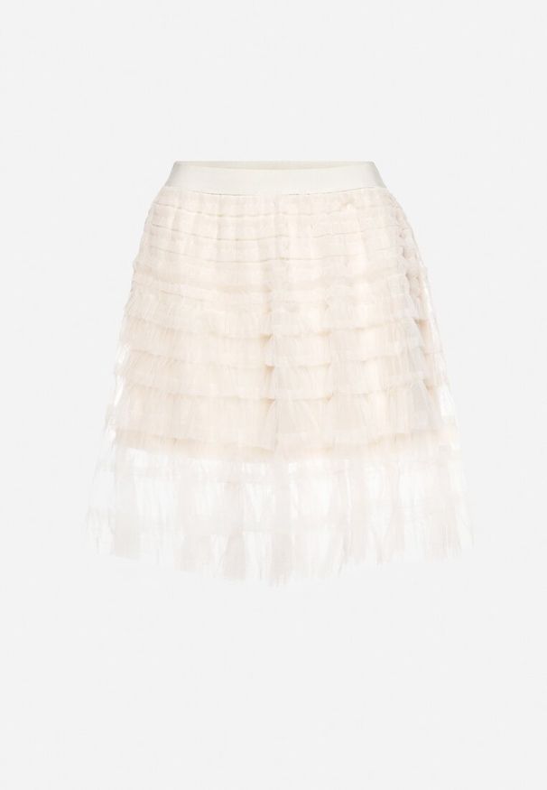 Born2be - Beżowa Spódnica Rozkloszowana z Gumką w Talii Powleczona Tiulowym Materiałem Firila. Okazja: na randkę. Kolor: beżowy. Materiał: materiał, tiul