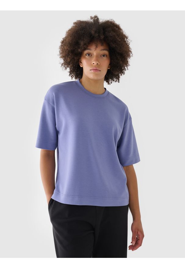 4f - 4F T-shirt regular z modalem damski - granatowy S. Okazja: na co dzień. Kolor: niebieski. Materiał: syntetyk, jersey, materiał, dzianina. Długość rękawa: krótki rękaw. Długość: krótkie. Wzór: gładki, ze splotem. Styl: klasyczny, sportowy, casual