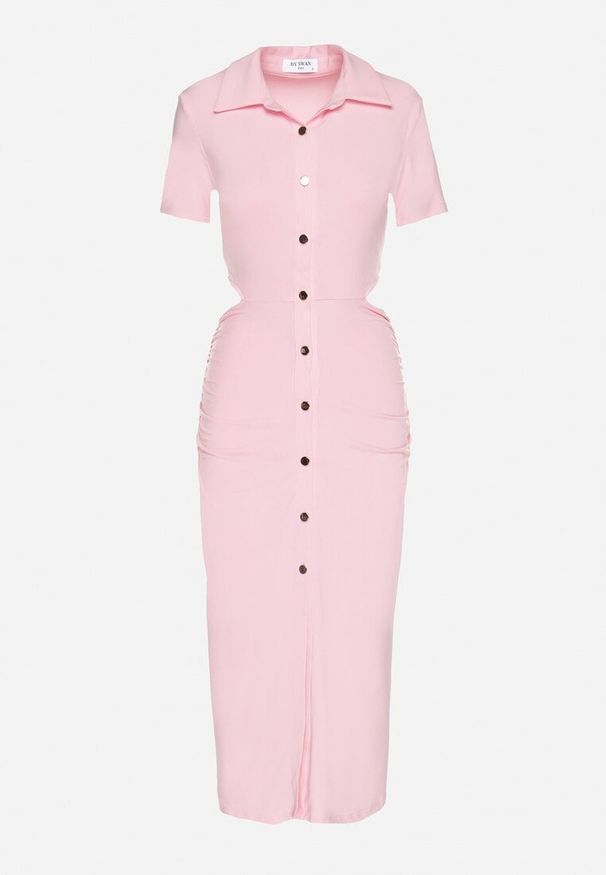 Born2be - Różowa Sukienka Koszulowa z Wycięciami w Talii i i Marszczeniami Zapinana na Guziki Quvlea. Okazja: na co dzień. Kolor: różowy. Materiał: wiskoza, jeans. Typ sukienki: koszulowe. Styl: casual