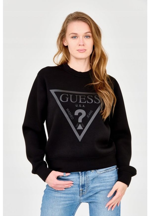 Guess - GUESS Czarna damska bluza z dużym logo. Kolor: czarny. Materiał: wiskoza