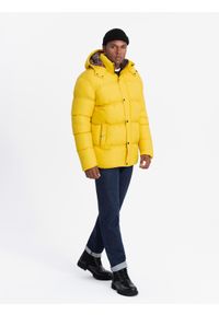 Ombre Clothing - Kurtka męska typu puffer z podszewką w kratę – żółta V3 - Rozmiar: M. Kolor: żółty. Materiał: guma, poliester, materiał, bawełna, syntetyk, nylon. Długość: długie. Wzór: aplikacja #7