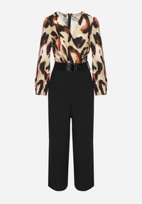 Born2be - Beżowo-Czarny Kombinezon o Kopertowym Kroju z Dodatkowym Paskiem i Wzorzystą Górą Tinasirae. Okazja: na co dzień. Kolor: czarny. Materiał: tkanina. Styl: casual, elegancki #4