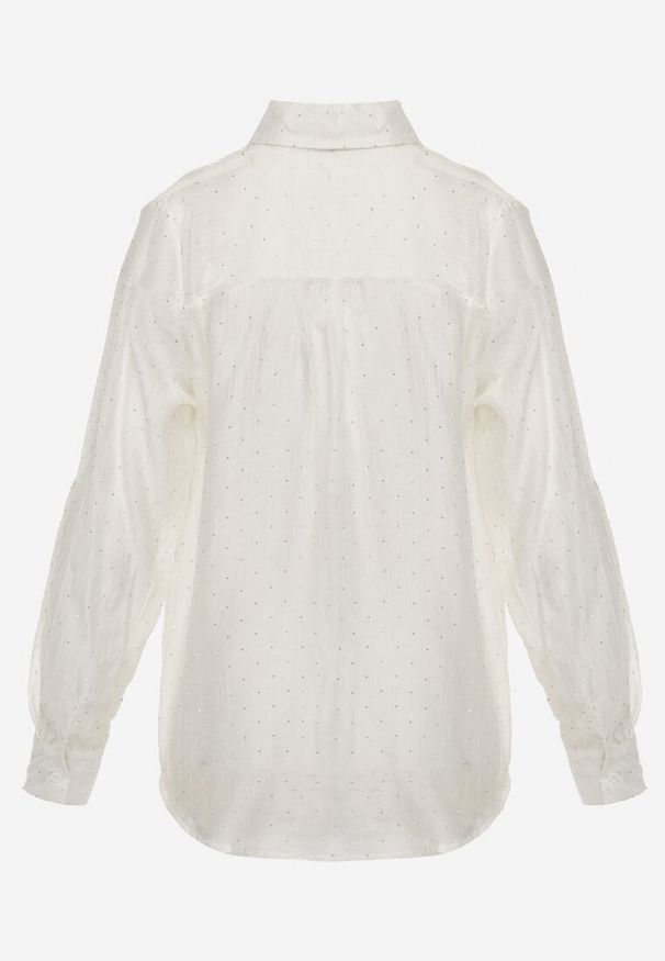 Renee - Jasnobeżowa Prześwitująca Koszula z Cyrkoniami Arialle. Okazja: na co dzień. Kolor: beżowy. Materiał: jeans. Styl: casual