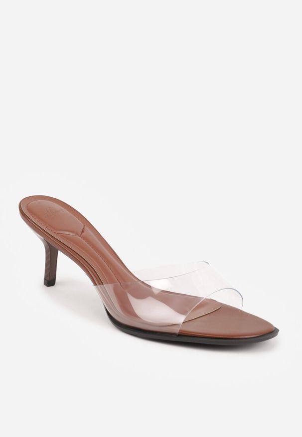 Renee - Brązowe Transparentne Klapki na Kaczuszce Helymna. Okazja: na co dzień. Kolor: brązowy. Materiał: jeans, skóra, koronka. Obcas: na szpilce. Styl: casual