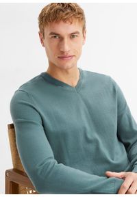 bonprix - Cienki sweter z miękkiej mieszanki bawełny. Typ kołnierza: dekolt w serek. Kolor: zielony. Materiał: dzianina, bawełna. Wzór: gładki, ze splotem. Styl: klasyczny #3