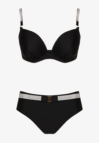 Renee - Czarne Bikini Majtki Figi i Biustonosz z Cyrkoniami Tenumela. Kolor: czarny. Wzór: aplikacja, kwiaty