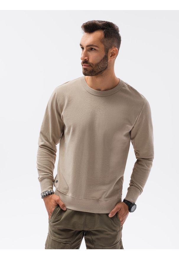 Ombre Clothing - Bluza męska bez kaptura bawełniana B1146 - beżowa - XXL. Typ kołnierza: bez kaptura. Kolor: beżowy. Materiał: bawełna. Styl: klasyczny, elegancki