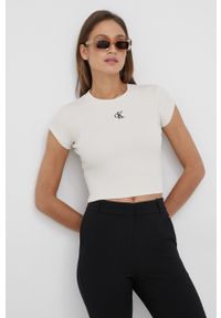 Calvin Klein Jeans t-shirt J20J218337.PPYY damski kolor beżowy. Kolor: beżowy. Materiał: lycra. Długość rękawa: krótki rękaw. Długość: krótkie. Wzór: aplikacja #5
