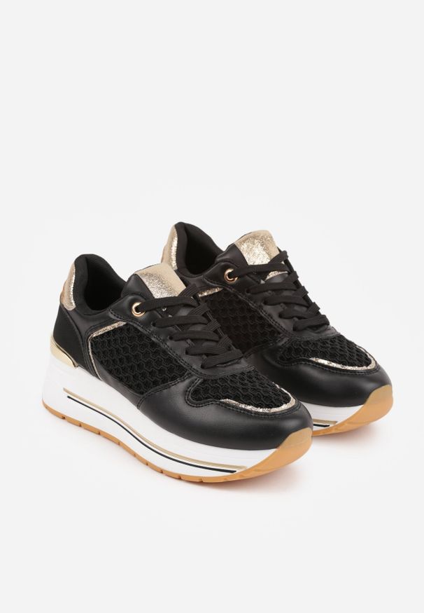 Born2be - Czarne Sneakersy na Grubej Podeszwie z Siateczkowymi i Metalicznymi Wstawkamu Sewtira. Kolor: czarny. Materiał: jeans