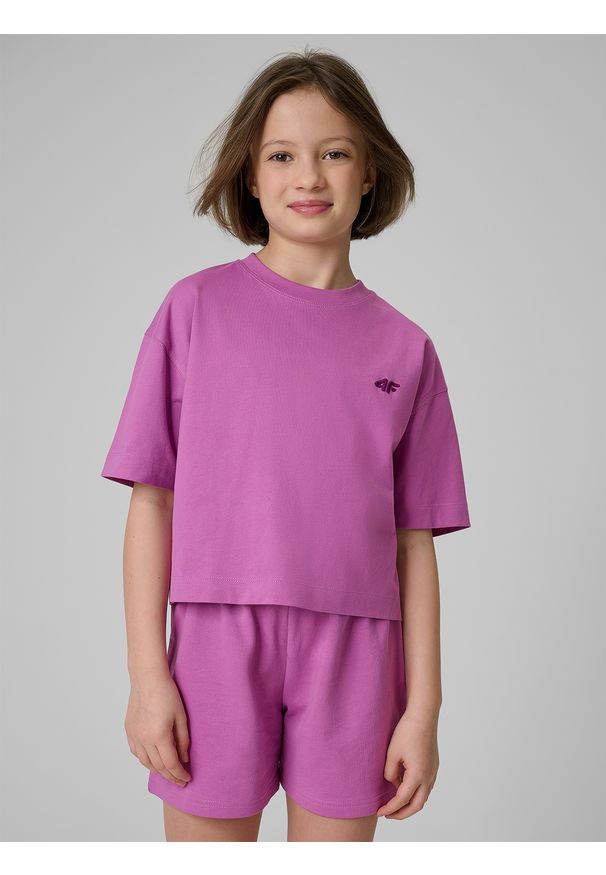 4f - 4F T-shirt loose gładki dziewczęcy - różowy 122/128 (6-8 lat). Okazja: na spacer, na co dzień, na uczelnię. Kolor: fioletowy. Materiał: dzianina, bawełna, skóra, materiał. Wzór: gładki. Sezon: lato. Styl: casual