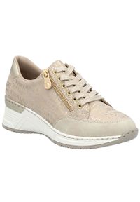 Półbuty damskie sneakersy na koturnie komfortowe beżowe Rieker N4316-62. Kolor: beżowy. Materiał: skóra ekologiczna. Obcas: na koturnie #1