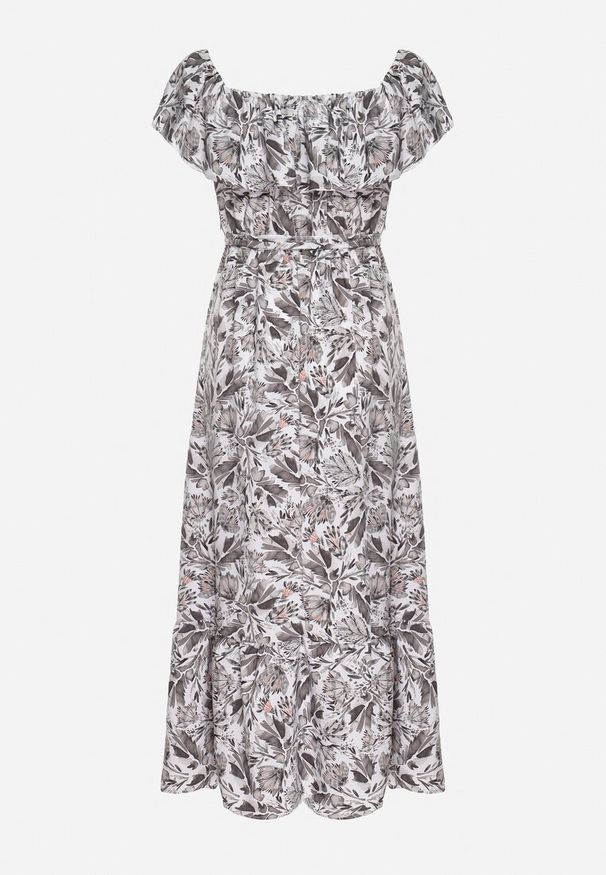 Born2be - Ciemnoszara Sukienka Hiszpanka z Bawełną w Kwiaty Mreova. Okazja: na co dzień. Typ kołnierza: dekolt hiszpanka. Kolor: szary. Materiał: bawełna. Wzór: kwiaty. Styl: casual, elegancki, klasyczny