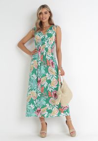 Born2be - Zielona Sukienka w Kwiaty z Gumką w Pasie Dionothy. Kolor: zielony. Wzór: kwiaty #5