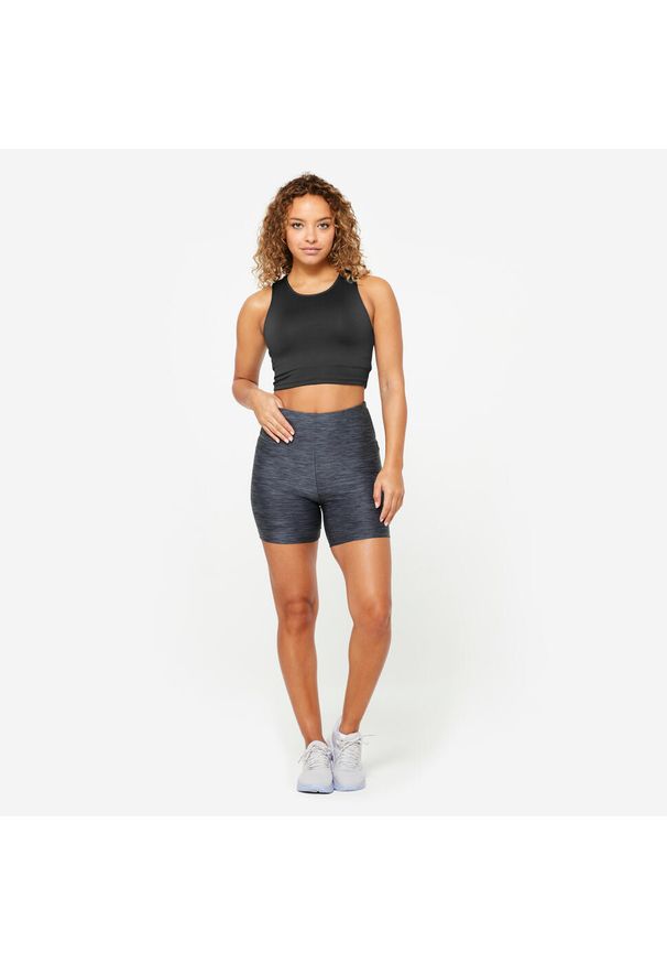 DOMYOS - Koszulka fitness damska Domyos bez rękawów crop top. Kolor: czarny. Materiał: materiał, poliester, elastan. Długość rękawa: bez rękawów. Sport: fitness
