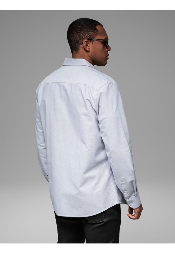 Ombre Clothing - Elegancka męska koszula oxford z haftem i kieszonką – błękitna V1 OM-SHOS-0173 - XXL. Okazja: do pracy. Kolor: niebieski. Materiał: bawełna, tkanina. Wzór: haft. Styl: elegancki