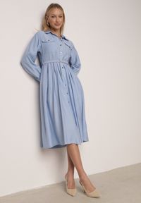 Born2be - Niebieska Wiskozowa Sukienka Koszulowa z Paskiem Andranassa. Okazja: na co dzień. Kolor: niebieski. Materiał: wiskoza. Wzór: aplikacja. Typ sukienki: koszulowe. Styl: casual, elegancki #3