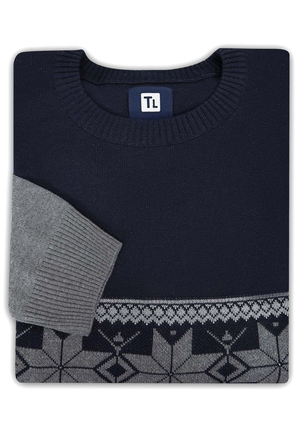 Lanieri Fashion - Szaro-granatowy sweter męski - skandynawski wzór SW80. Kolor: szary, wielokolorowy, niebieski. Materiał: akryl, bawełna