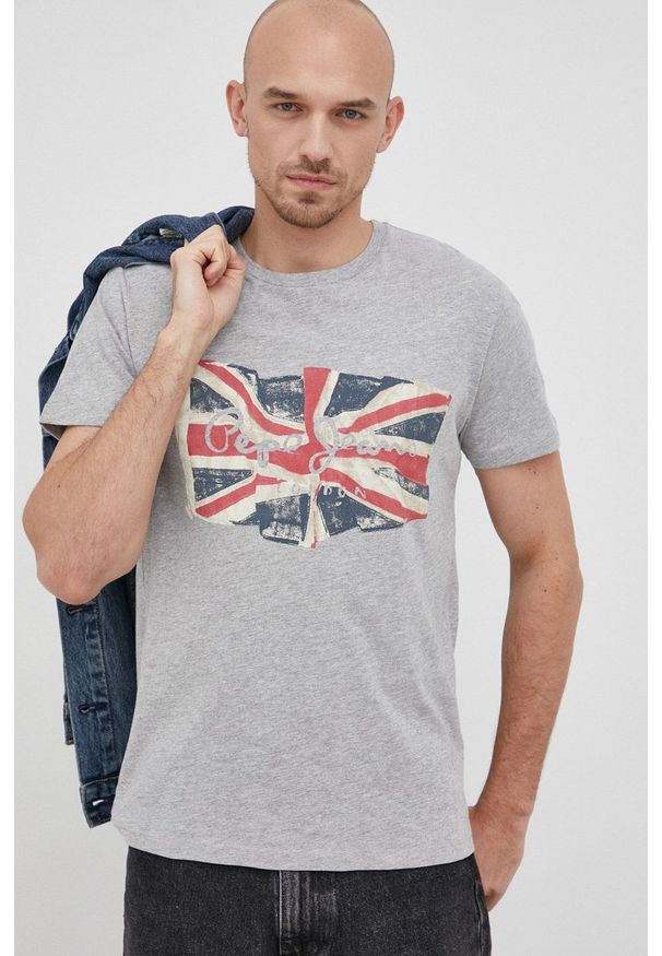 Pepe Jeans t-shirt bawełniany FLAG LOGO N kolor szary z nadrukiem. Kolor: szary. Materiał: bawełna. Wzór: nadruk