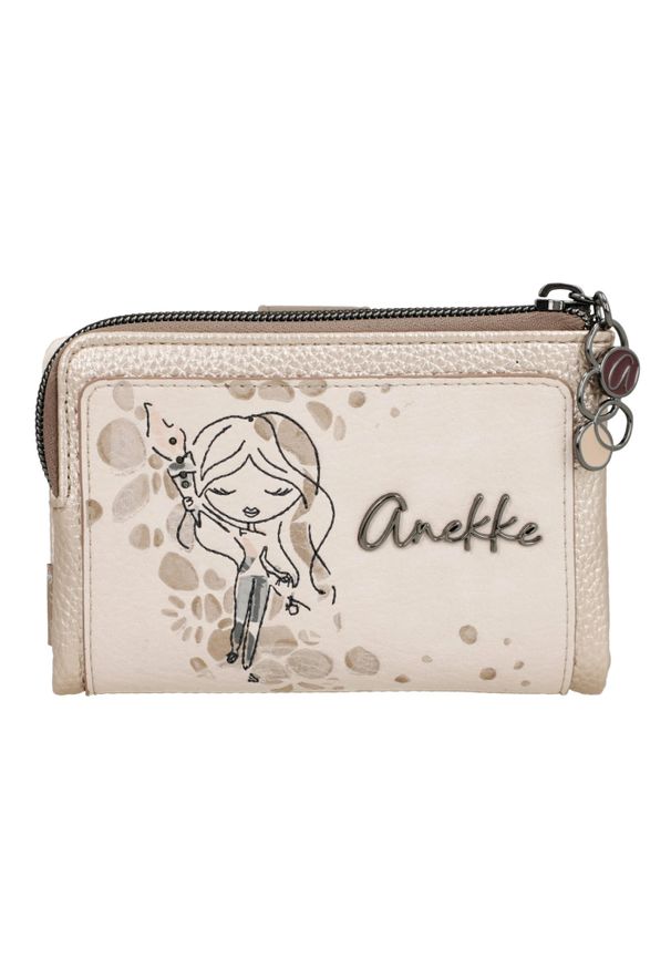 Portfel damski Anekke, z ozdobnym nadrukiem i metalowym logo zapinany na suwak wyposażony w przegrody na karty kieszeń na monety oraz miejsce na bank. Kolor: złoty. Wzór: nadruk