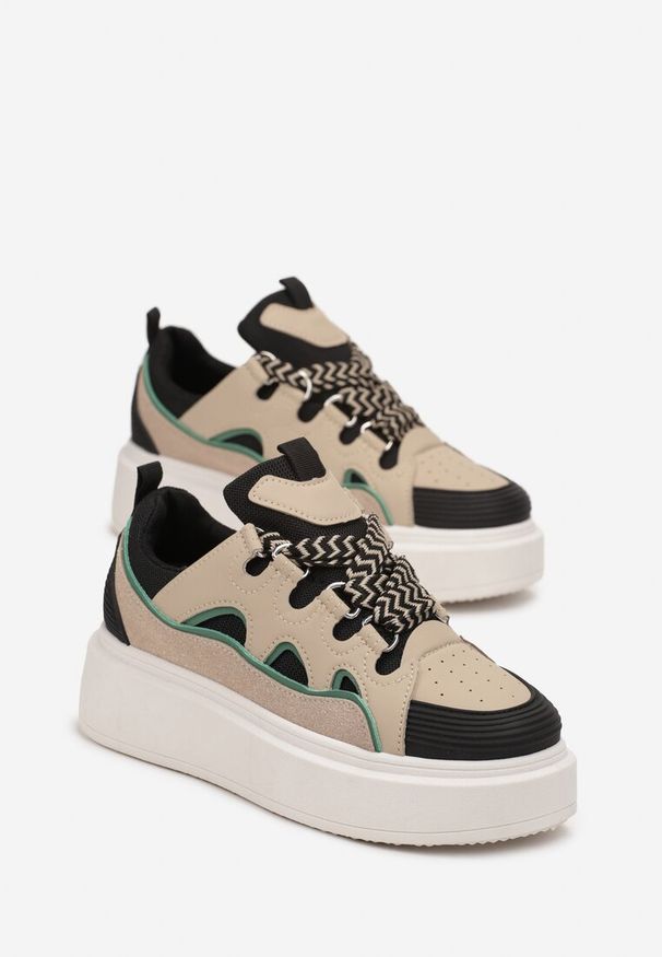 Born2be - Beżowo-Czarne Sneakersy na Grubej Podeszwie z Wstawkami Jacopa. Kolor: beżowy