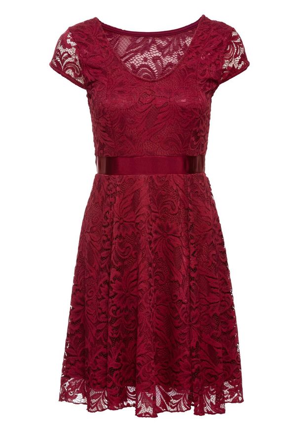 Sukienka z dżerseju z koronką bonprix ciemnoczerwony. Kolor: czerwony. Materiał: jersey, koronka. Wzór: koronka