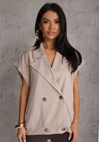 Renee - Beżowa Dwurzędowa Kamizelka Oversize o Garniturowym Kroju Edoriela. Kolor: beżowy. Materiał: poliester, koronka #7