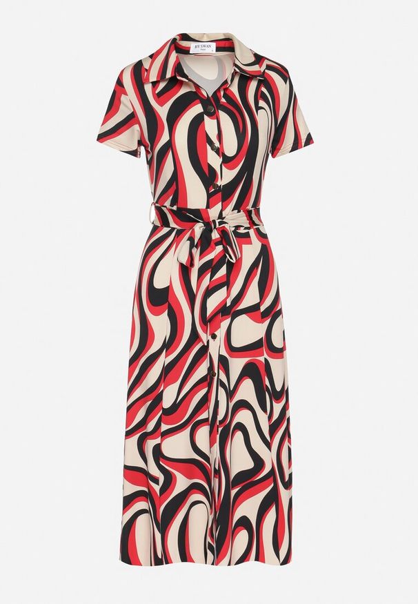 Born2be - Czerwona Sukienka Koszulowa w Geometryczny Wzór z Paskiem Zimorae. Typ kołnierza: kołnierzyk klasyczny. Kolor: czerwony. Wzór: geometria. Typ sukienki: koszulowe. Styl: klasyczny, elegancki