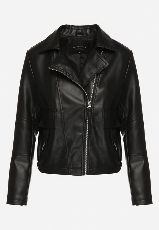 Born2be - Czarna Kurtka Ramoneska z Asymetrycznym Zamkiem i Ozdobnymi Klapami Accorda. Okazja: na co dzień. Kolor: czarny. Materiał: jeans. Styl: klasyczny, casual, elegancki