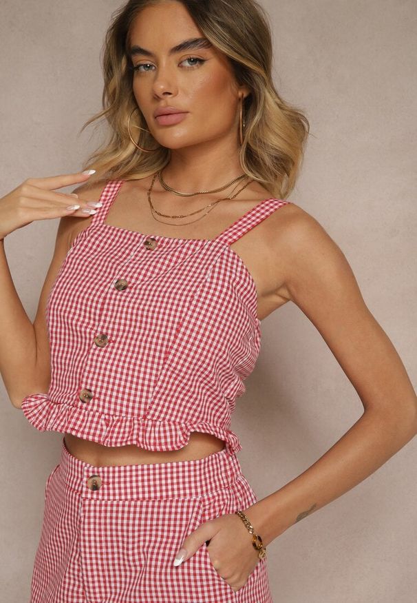 Renee - Czerwona Bluzka Top w Kratę z Guzikami i Falbanką Falionna. Okazja: na co dzień. Kolor: czerwony. Materiał: jeans. Długość rękawa: na ramiączkach. Wzór: kratka. Sezon: lato. Styl: klasyczny, casual, elegancki