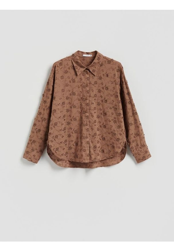 Reserved - Bawełniana koszula z haftowaniem - brązowy. Kolor: brązowy. Materiał: bawełna. Wzór: haft