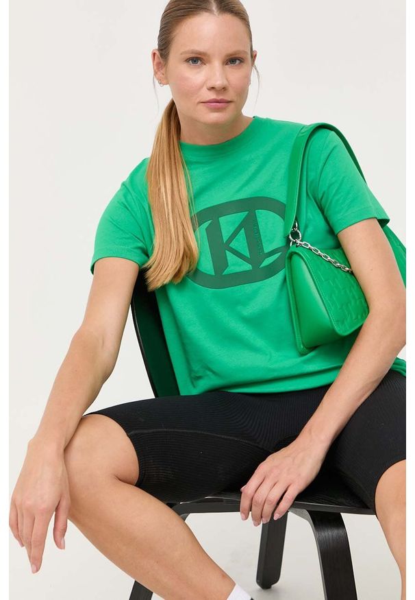 Karl Lagerfeld t-shirt bawełniany kolor zielony. Kolor: zielony. Materiał: bawełna. Długość rękawa: krótki rękaw. Długość: krótkie. Wzór: aplikacja. Styl: klasyczny